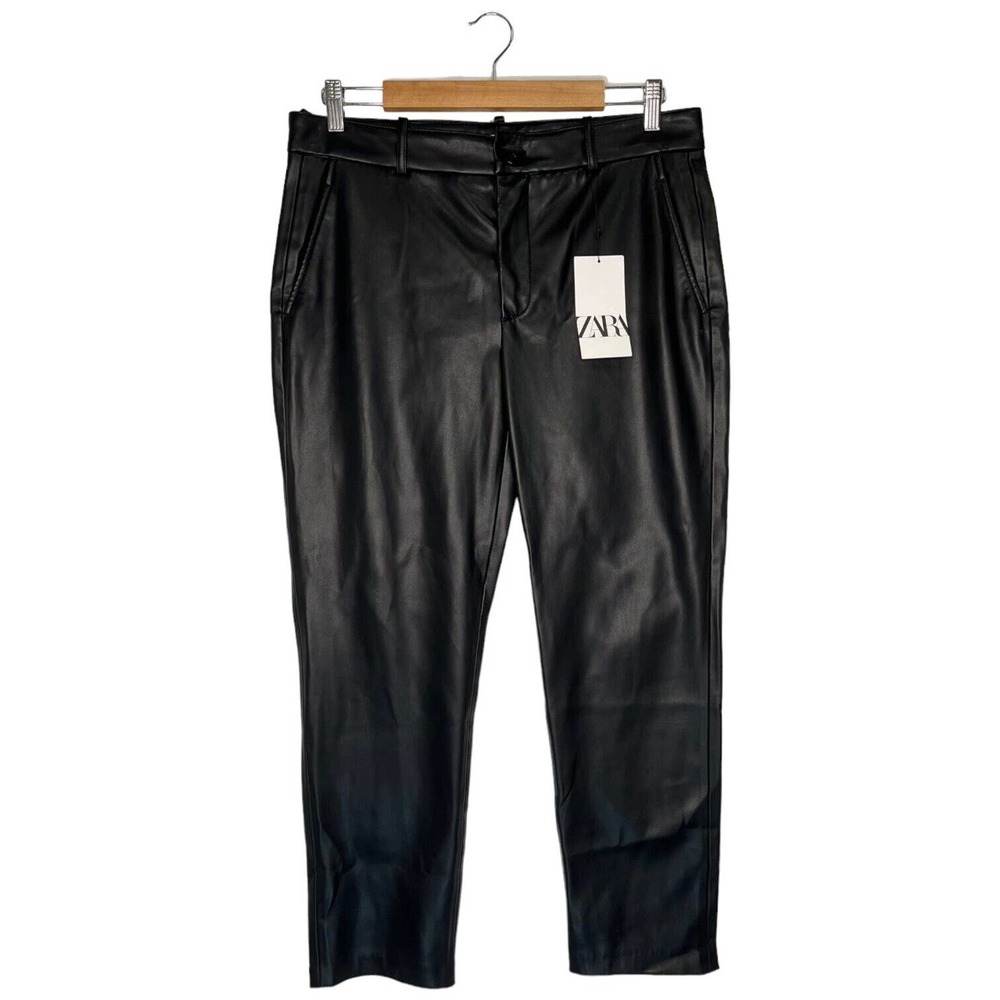 New Zara Womens Size Large Faux Leather Pants Slash Pockets Mid Rise Black